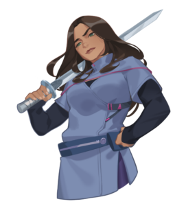 Layla holding her sword across her shoulder, looking down at the camera.